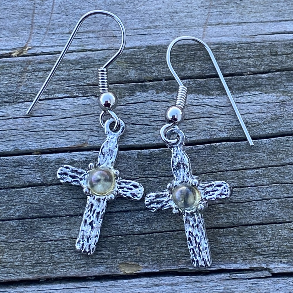 Silver cross dangle earrings stainless steel ear wires faux gemstone center